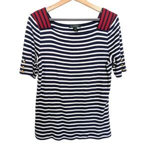 Lauren Ralph Lauren Breton Stripe Navy White Top Women Size L Nautical Classic
